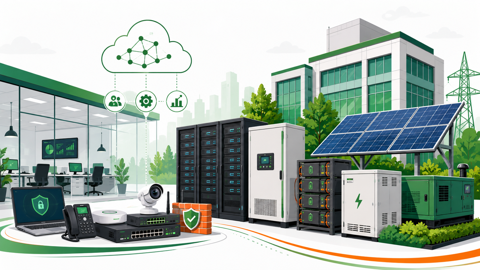 Gitech engineered power continuity: UPS cabinets, lithium battery systems and solar arrays installed at a business facility