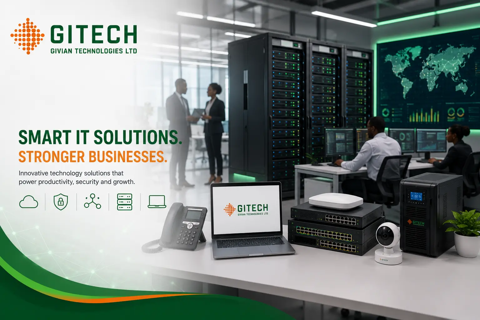 Enterprise workstation, cloud services and cybersecurity illustration