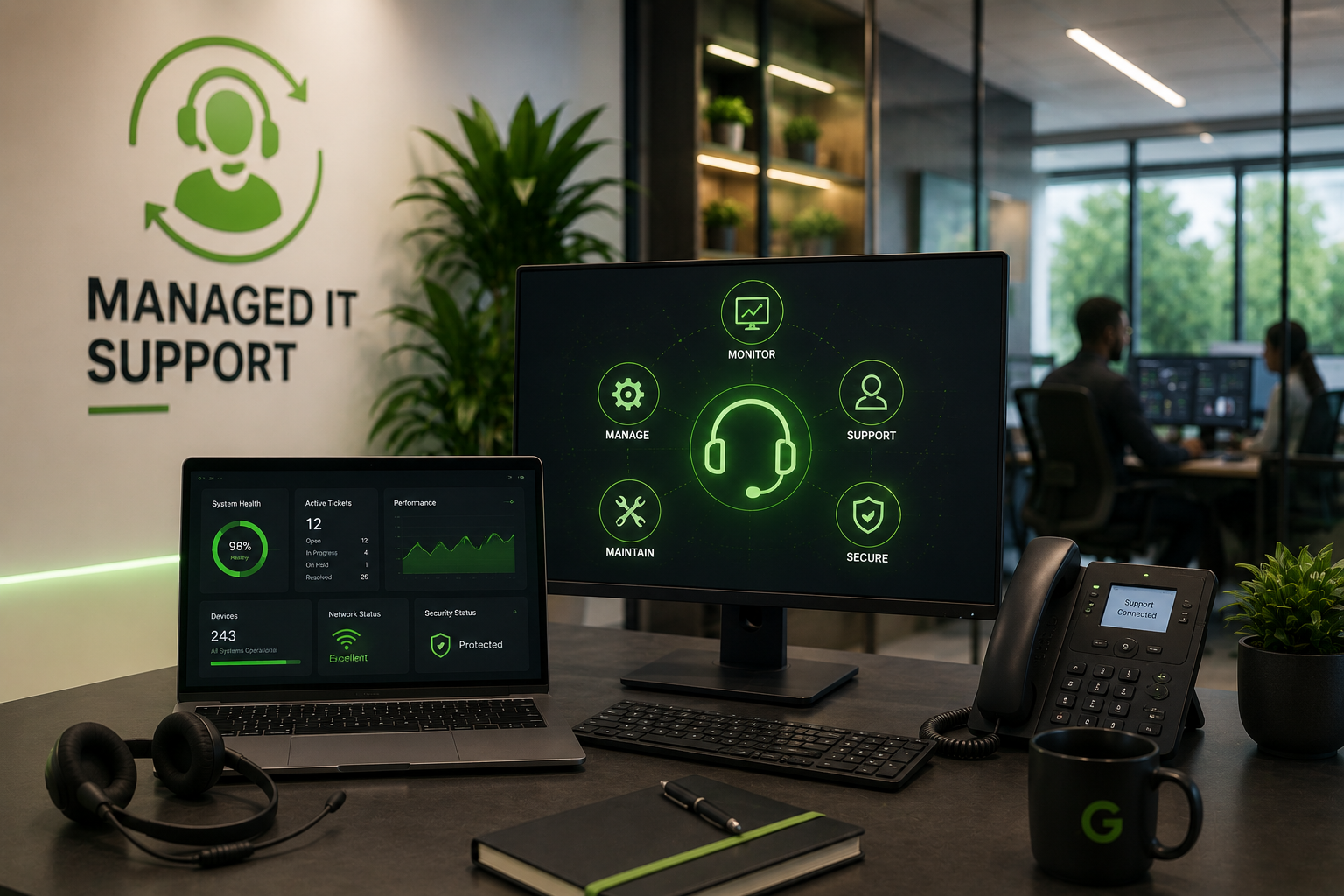 Managed IT monitoring dashboard on a laptop with support headset and network hardware