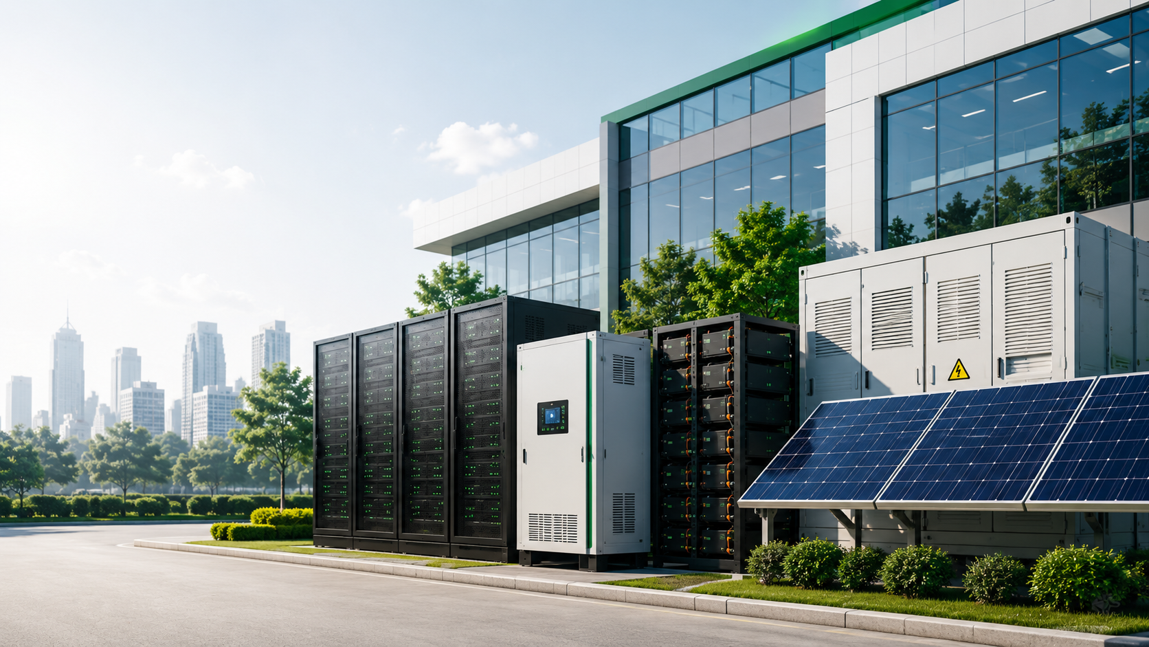 Gitech power continuity installation with server racks, lithium battery storage and solar array